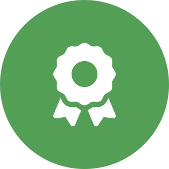 A green circle with a white ribbon and bow tie.