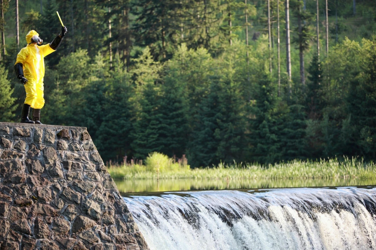 A person standing on top of a waterfall.